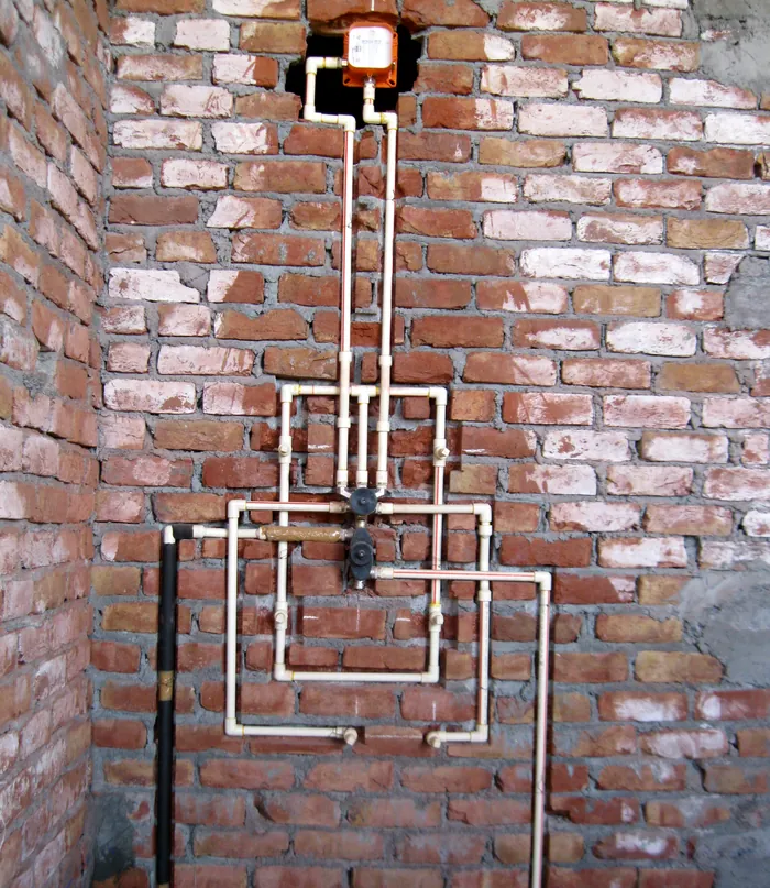 Concealed shower lines before tiling: a mixer valve at the centre, a loop for four body jets, the rain-shower outlet at the top and plugged outlets for the spout and hand shower