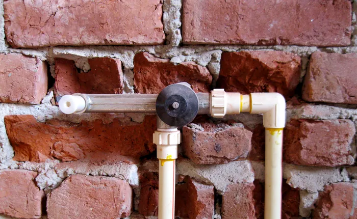 Concealed body of a wall-mounted basin mixer set into a brick wall, with hot and cold CPVC lines and the spout outlet plugged for pressure testing