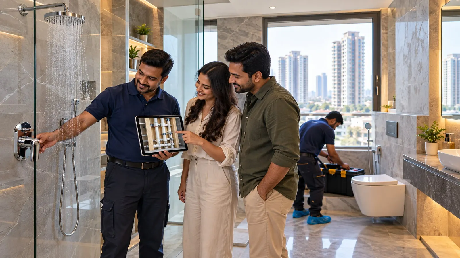 Plumbing supervisor handing over a newly renovated bathroom in a Gurugram apartment, running the rain shower and showing the happy owners a photo of the concealed pipes taken before tiling