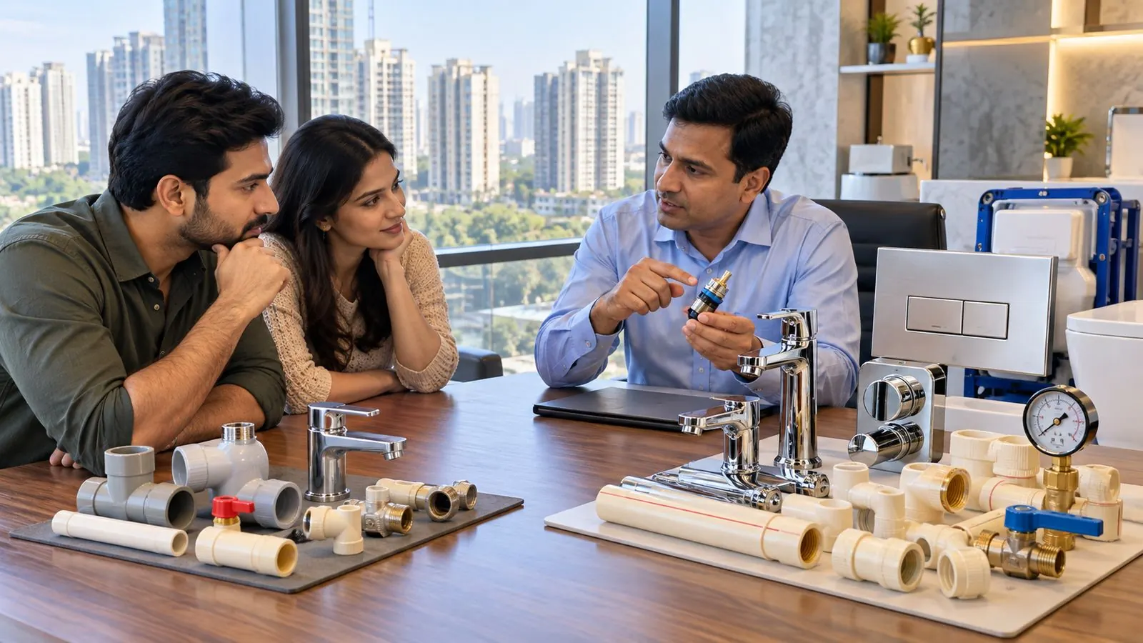 Plumbing consultant showing a couple the inner cartridge of a faucet, with basic fittings on one side of the table and branded faucets, a concealed cistern flush plate and CPVC fittings on the other