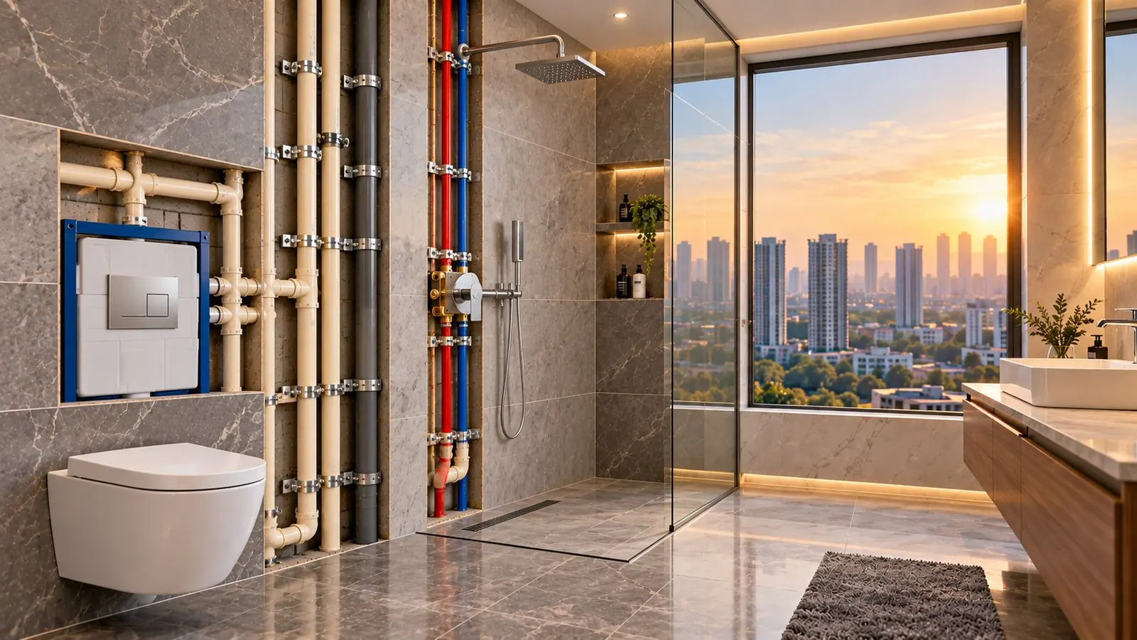 Luxury bathroom in a Gurugram high-rise with a cut-away wall revealing the concealed cistern frame, CPVC pipes, hot and cold lines and the shower mixer valve behind the marble tiles