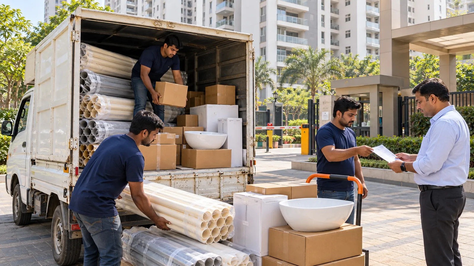 Plumbing material being unloaded from a delivery vehicle at a Gurugram housing society, with pipe bundles, cartons and a wash basin, and a delivery slip handed to the customer