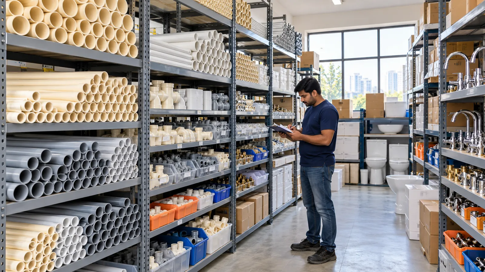 Plumbing contractor storeroom with stacked CPVC and uPVC pipes, boxed fittings and sanitaryware, and a staff member checking stock against a list