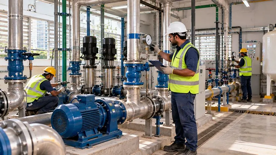 Technician checking a pressure gauge in a pump room