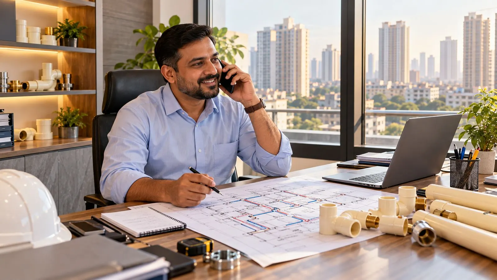 Plumbing supervisor at his desk talking to a client on the phone, with a plumbing layout drawing and pipe fittings on the table and Gurugram's high-rise buildings outside