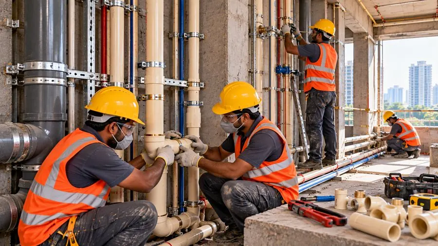 Plumbing team fitting pipes in a building shaft