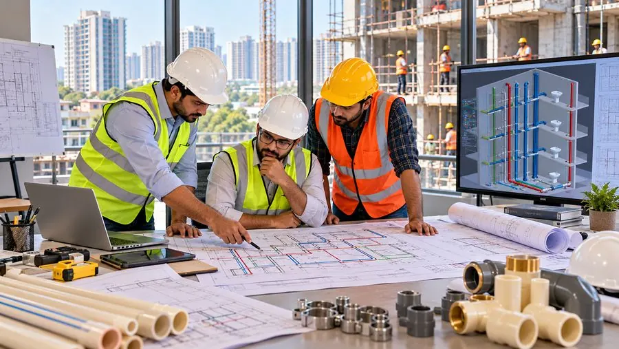 Engineers reviewing a plumbing layout drawing