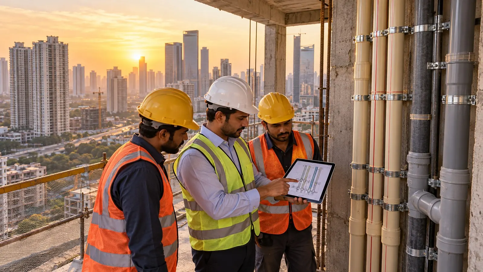 Plumbing site engineer in a white helmet reviewing a riser drawing on a tablet with two plumbers in safety vests, next to newly installed CPVC and drainage risers on an upper floor of a high-rise, with Gurugram's towers at sunset behind them