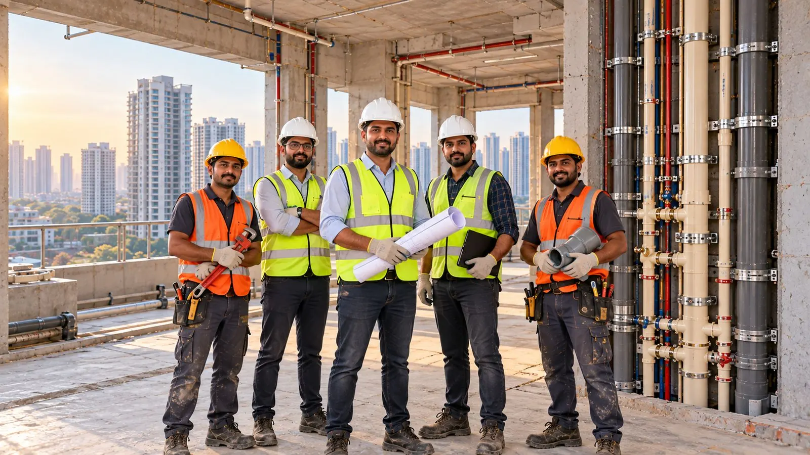 Team of Indian plumbing engineers and plumbers in safety gear standing together on a high-rise site in Gurugram