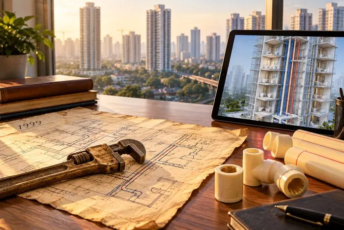 An old 1999 hand-drawn plumbing drawing with a vintage pipe wrench, next to a tablet showing a 3D plumbing model of a high-rise and new CPVC fittings