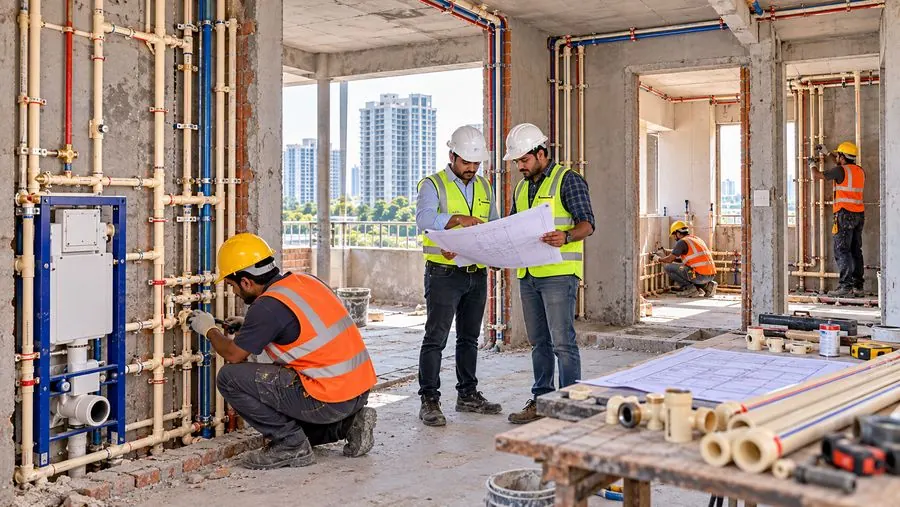 Engineers and plumbers at a high-rise plumbing site